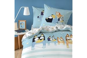 OMYDREAM BLUEY Together Parure de lit Enfant 1 Personne | 100% Coton | Oeko-TEX | Housse de Couette 140x200 cm + Taie d'oreiller 63x63 cm | Imprimé | Bleu