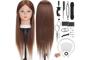 Cabeza Maniquí, Yofuly 26inch Cabeza Peluqueria, 80% Cabello Humano, Cabeza Práctica Modelo Maniqui de Cosmetología con Abrazadera de Mesa y Juego de Trenzas de Cabello DIY (Castaño Claro)