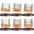 Exrp Crystal Whiskey Glasses 160ml Set of 6, Rotatable Old Fashioned Glasses with Creative Walnut Coasters, Tumbler Rocks Bar Glass for Drinking Bourbon, Scotch, Cocktails, Cognac
