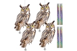 KUNGFU MALL Espantapajaros Exterior, Buho Espantapajaros, Ahuyentador de Pajaros con Cinta Reflectante, 4Piezas Buho Espanta Palomas Balcon, Ahuyentadores de Pajaros Plano Buhos Para Espantar Pajaros desde Huerto