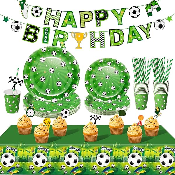 Kit Déco Anniversaire Thème Football - 20 Invités | Assiettes, Verres, Serviettes & Pailles | Fête Garçon