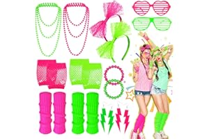 Sekepingo Disfraz Años 80S Mujer Neón Conjunto de Disfraz de Los 80 para Mujer Chándal Retro Camiseta Guantes de Rejilla Diadema