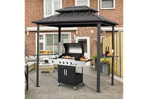 EROMMY BBQ Gazebo 2.4x1.8m,Permanent Grill Shelter,Hardtop Barbecue Canopy,with Galvanized Steel Double Roof,with 2 Side Shelves and Ceiling Hook,Outdoor for Garden Backyard Lawn Decking or Patio