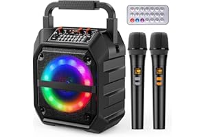 PKBD Karaoke Machine with Two Wireless Microphones,Portable Bluetooth Speaker with LED Lights, PA System, Supports TF Card/USB for Adults & Kids, for Girls Boys Families Home Party (Dark Black)