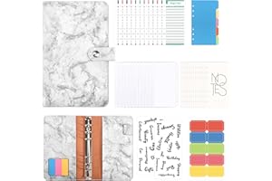 NAKIYO Budget Binder A6, PU Leather Money Saving Wallet Budget Planner, Ring Binders with Zippered Cash Envelopes Refillable Month Plans Sheets Portable Budget Planner Office Travel Diary-Marble White