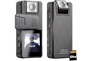 Hoestr Body Camera 3000 mAh, 1296P Body Cam mit IR Nachtsicht, 180° Drehbarem Objektiv und 2 Stabilen Clips, 64 GB Bodycam Körperkamera, Ideal für die Lieferung von Polizeifahrrädern Hause