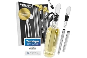 VINENCO Weinkühler Set DAS ORIGINAL, Flaschenkühler + Dekanter 7-in-1 Premium Wein Zubehör: Edelstahl Flaschen-Weinkühlstab + Dekantier-Belüfter + Ausgießer | Bar Geschenk Frauen Männer, Rot- Weißwein