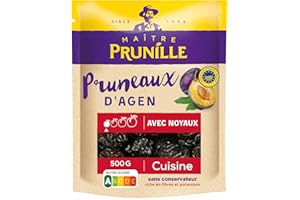 ‎MAÎTRE PRUNILLE MAÎTRE PRUNILLE - Pruneaux d’Agen Avec Noyaux - Fruits Secs Cuisine - Calibre 44/55 - Riche En Fibres Et Potassium - Facilite La Digestion - Sans Conservateur - Nutri-Score A - Label IGP - Sachet 500g