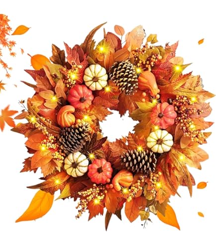 Couronne D'automne Pour Porte D'entrée, Halloween Couronne D'automne Artificielle Avec Feuilles De Chêne Brillant Petite Citrouille Pour Décoration De Ferme, Intérieur Et Extérieur, Fenêtre, Mur Et