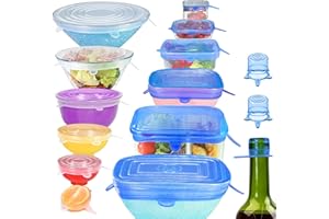longzon Coperchi in Silicone Estensibile, [12+3pcs] Coperchi Riutilizzabili Elastici, 12 Taglie Eco Coperchio in Silicone Stretch Adatta Diverso Contenitore, Mantenere Il Cibo Fresco - Rettangolare…