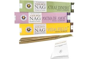 MAMAMI Golden Nag Incensi - Set Trilogia del Desiderio - 3 Confezioni x 15 gr - Denaro, Amore, Felicità - Incensi Naturali Non Tossici - per Meditazione, Yoga, Rilassamento e Purificazione Casa