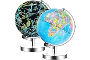 ‎EXERZ Exerz Podświetlana kula światowa o średnicy 23 cm metalowa podstawa - 2 w 1 podświetlana lampa LED bez kabli - mapa polityczna/gwiazdy konstelacji - dzień i noc