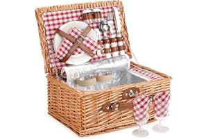 ZORMY Weidenkorb für 2 Personen, Weidenkorb Korb-Sets mit isoliertem Fach, handgefertigter Picknickkorb für 2 Personen, klassisches rotes Karo mit Utensilien, Besteck, perfekt für Picknick, Camping