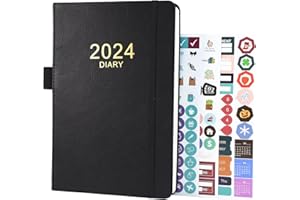 HOYUNLL 2024 Diary A5 Page A Day,Productivity Diary 2024 Day Per Page Daily Planner from Jan 2024 to Dec 2024 with Monthly Tabs, Bookmark, Pen Loop,Planner Sticker and Inner Pocket (Black)