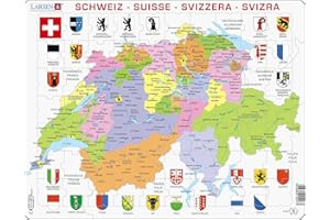 Larsen K43 Carte Politique de la Suisse, édition Multilingue (Allemand/Français/Italien), Puzzle Cadre avec de 70 pièces