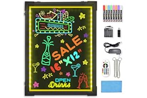 Hosim LED Tablero de mensajes, 30 cm * 40 cm. Efecto neón iluminado. Menú del restaurante. Letrero con 8 colores. Marcadores, 7 colores. Intermitente. Modo de tablero de bricolaje para la cocina.