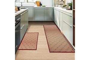 MIQEBX Kitchen Rug 2 Piece Set,Non-Slip Absorbent and Washable Runner Rug,Geometric Kitchen Floor Mat for Kitchen, Home, Office, Sink, Laundry (B-Red, 40x120cm+40x60cm)