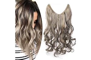 20"(50cm) SEGO Extensiones de Cabello con Hilo Invisible sin Clip [Marrón Oscuro mezcla Rubio Ceniza] Pelo Sintético Se Ve Natural Una Pieza Rizada Ondulada Postizos (90g)