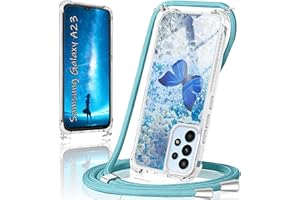 XCYYOO Handykette für Samsung Galaxy A23 5G Hülle mit Band,Handyhülle Samsung Galaxy A23 5G Glitzer Schmetterling mit Kette TPU Slim Bumper Kratzfest Stoßfest Schmetterling Schutzhülle mit Kordel