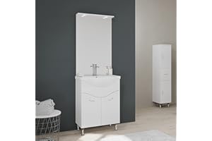 KIAMAMI VALENTINA Bodenstehender Badezimmerschrank 65cm 2 Türen, Spiegel mit polierten weißen LED | Easy