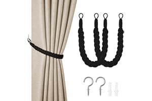 HOTUT Natural Cotton Rope Curtain Tiebacks, 2 Pack Hand Knitting Curtains Tied Rope, Elegant Boho Style Decorative Drape Tie Soft Rope Curtain Holdbacks with Metal Hook for Home & Office, Black