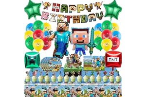 MILYGOBAM 66 PCS MC Birthday Decorations Kit, Complete Set with Happy Birthday Banner, Cake Topper,18/22 in Foil Balloons, 7" Plates, Napkins, Party Decorations for Gaming Themed Parties
