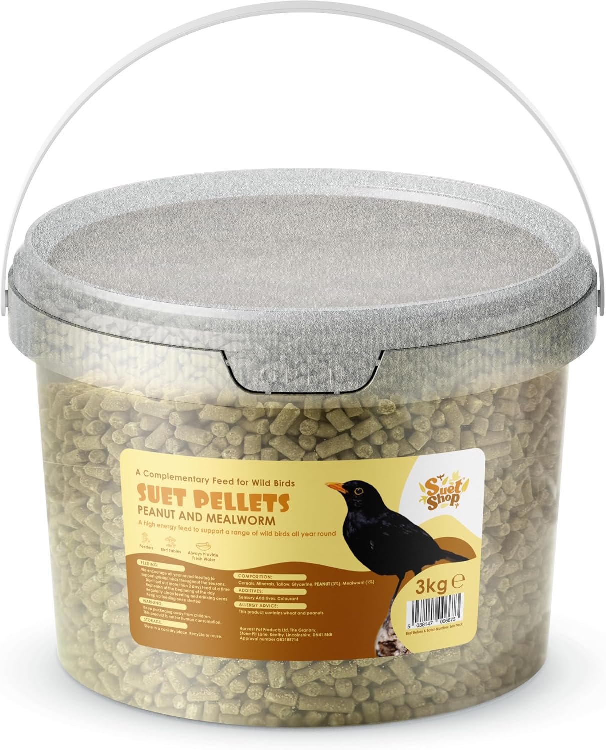 Suet Shop - Peanut & Mealworm Suet Pellets, 3kg Resealable Tub - Wild Bird Food Enriched with Human Grade Beef Tallow, High in Energy & Protein - All-Season Bird Feed - Manufactured In The UK