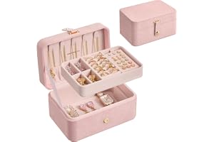 SONGMICS Resesmyckeskrin Liten 2-vånings smyckeförvaring Bärbart resefodral för smycken för större tillbehör 11x16x8cm Presen
