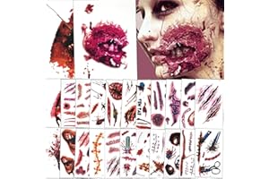 Halloween Tattoo, Huarsion 24 Blätter Halloween Schminke Zombie Narben Tattoo Wunden Kunstblut Horror Gruselig Tattoo Aufkleber Temporäre Tattoos Halloween Kostüm Makeup Requisiten