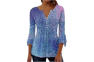 SCBFDI Holiday Clothes for Women UK, 3/4 Length Sleeve Womens Tops Bell Sleeve Vneck Tunics Button Down Gradient Tees Slim Fit Cotton Linen Jacquard Blouses