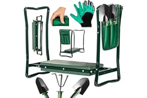 Valle Verde 5in1 Gartenset Kniebank/Sitzbank + Krallenhandschuhe + Harke + Pfanzkelle + Schaufel - Knieschoner mit Schaumkissen, Werkzeugtasche, Klappbar - 59 x 27,5 x 49 cm