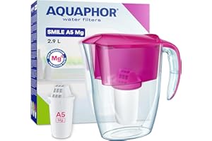AQUAPHOR Smile Water Filter Jug - 2.9L, Fits Fridge Doors, Lightweight, Space-saving, Includes 1 x A5 350L Filter with added Magnesium, Reduces Limescale, Chlorine, Microplastics - Cyclamen Pink
