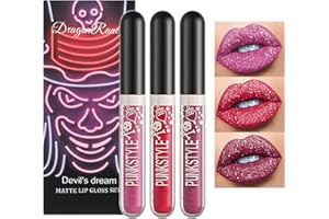 OKENTEN 3PCS Metallic Diamond Liquid Glitter Schimmer Lippenstift Matte Black Lipstick Set Getönter Lipgloss Rich Pigment Langanhaltender Non-Stick Cup Wasserdichte Lip Glaze (C)