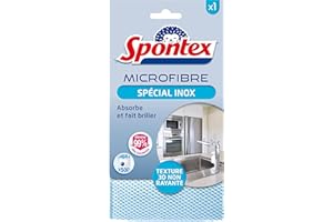 SPONTEX - Microfibre Spécial Inox - Texture 3D non rayante - Absorbe et fait briller - Elimine 99% des bactéries