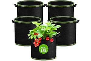 Muyohix Lot de 5 Sacs de Plantation Non Tissé 15L, Sac de Plantation Terre en Tissu avec Poignée, Sacs de Culture de Plantes Réutilisable pour Tomates, Carottes, Fraises, Légumes, Fleurs