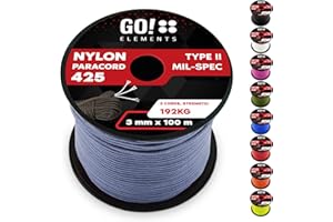 GO!elements Cuerda Paracord de Nylon Resistente al desgarro - 3mm Paracord 425 Tipo II líneas como Cuerda para Exteriores, Cuerda para Todo Uso - línea de Nylon MAX. 192kg