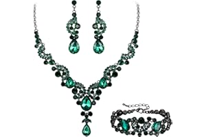 EVER FAITH Conjunto de Joyas de Cristal Nupcial Art Deco Floral Collar de lágrima Conjunto de Pendientes y Pulsera Tono Verde Negro