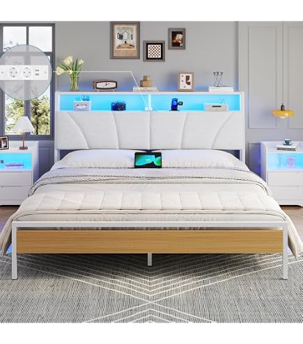 Lit Double 180x200 Cm Avec Rangements Et Ports USB | Tête De Lit Velours Avec étagères | Sommier Hydraulique | Gris/Beige