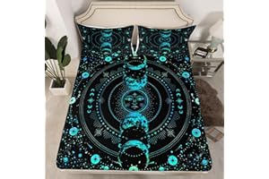 MANFEI Sun and Moon Fitted Sheet Single Size, Stars Space Psychedelic Bedding Set 2pcs for Kids Girl Room Decor, Blue Sun Moon Boho Bed Cover with 1 Pillowcase, Soft Polyester Bedding