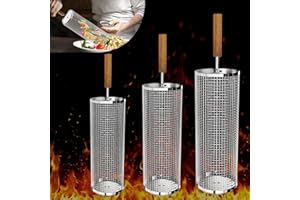 Ivtivfu Nestendes Rollendes Grillkorb Set mit Holzgriff (3 Stück, 30cm × 10.9cm), Rolling Grilling Basket, Grillnetzrohr für Den Außengrill für Gemüse, Grillkorb Edelstahl Zylindrisch, Grillnetz.