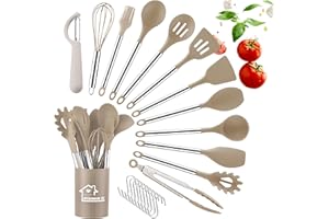 DLD Set de 23 ustensiles de cuisine en acier inoxydable, cuisson, antiadhésif, silicone résistant à la chaleur, avec support et éplucheur, gadgets de cuisine (kaki)
