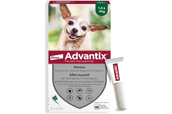 Advantix Très Petit Chien entre 1,5 et 4 kg – Pipettes pour chien contre 6 parasites – Traitement en pipette pour une protection en continu pendant 4 semaines – 6 x 0,4 ml