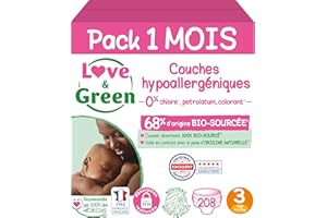 Love & Green - Couches Bébé Saines et Ecologiques - Taille 3 (4-9 Kg) - Pack 1 Mois (208 Couches) - Absorbante, anti-fuites et sans ingrédients indésirables - Certifiées Dermatestn