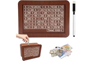 Y.A. LOTUS Spardose mit Zähler für 1000 Euro, Abnehmbare Markierung Holz Sparbox - Wiederverwendbare Geldkassette mit Ziel Ankreuzen