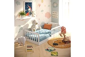 CADANI Timi Lit au Sol 80x160 cm Lit Enfant Montessori avec Barrière de Sécurité et Sommier à Lattes, Bois Massif Pin, Blanc, 3 Variantes de Construction