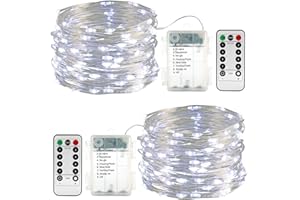 Qedertek 2 Pezzi Luci Led a Batteria 10M 100 LED, Luci Natale Esterno Impermeabile, Lucine Led Decorative, Luci Natalizie con Telecomando, Funzione di Timer, Dimmerabile (Bianco)