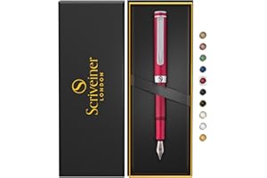 Scriveiner Pluma Estilográfica EDC Lujosa (Fina), Magnífica Pluma de Bolsillo Rojo Mate con Acabado Cromado, Plumín Alemán Schmidt, Convertidor, Set de Regalo de Pluma de Diseño para Hombre y Mujer