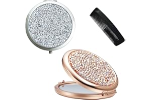 PFLYPF 2 Stück runder doppelseitiger Spiegel, mit 1 Kamm aus Kunststoff, Make-up-Spiegel, Diamant-Kristall, tragbarer Taschenspiegel, Klappspiegel mit Druckknopf, Kosmetikspiegel für Reisen