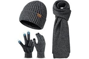 Okabay Winter Beanie Hat Scarf Gloves Set,Thick Knitted Hats Warm Long Knitted Scarf Thermal Touch Screen Gloves for Men Women,Elastic Outdoor Sports Warm Set for Skiing/Hiking/Running/Driving