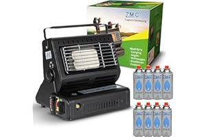 Z.M.C Calentador de gas portátil 2 en 1 y hornillo de gas con conexión LPG + 8 cartuchos de gas de 227 g, calefacción de camping de 1,3 kW, calentador de gas portátil para exteriores con encendido